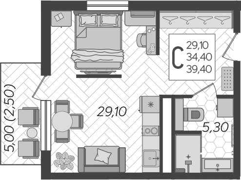 Студия, 34.4 м², 7/9 этаж, ЖК «LeePrime Residences Polyana Sochi»