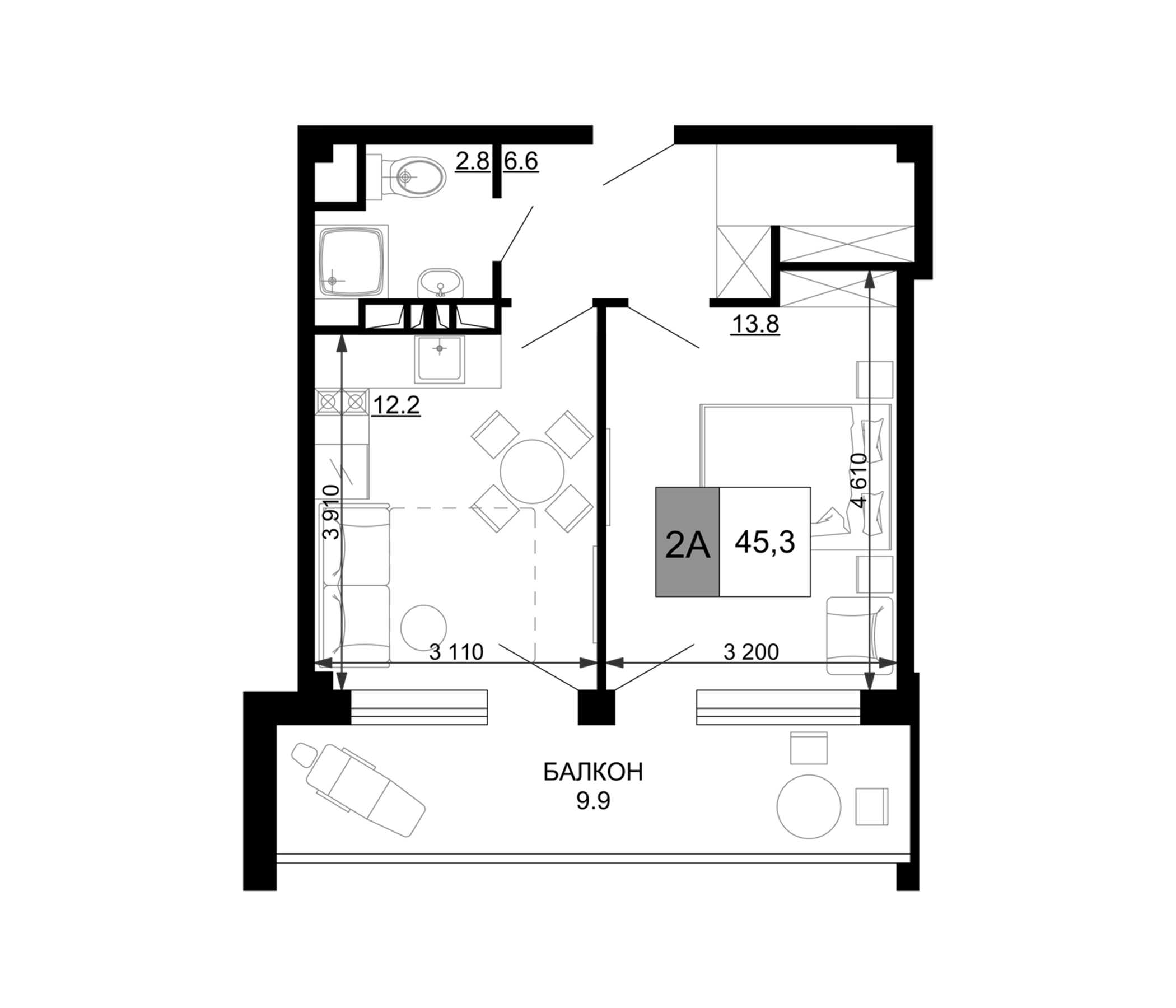 2-комн., 35.4 м², 9/9 этаж, ЖК «Гостиничный комплекс Мореград»