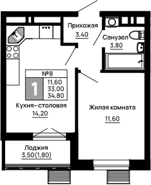 1-комн., 33 м², 12/16 этаж, ЖК «Традиции»