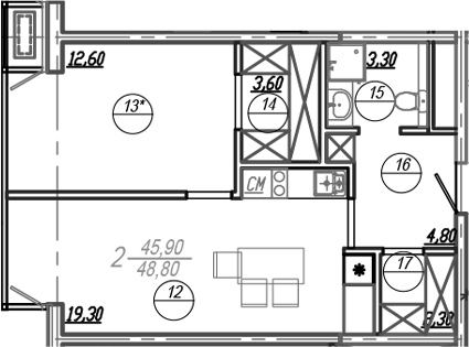2-комн., 47.5 м², 16/17 этаж, ЖК «АКСИС Центр»
