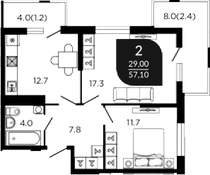 2-комн., 54.8 м², 16/22 этаж, ЖК «Отражение»