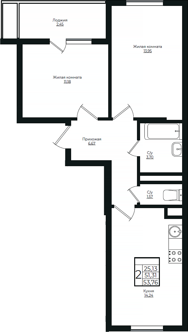 2-комн., 51.31 м², 10/10 этаж, ЖК «Европа-Сити»