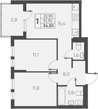 2-комн., 51.7 м², 8/15 этаж, ЖК «Барса»