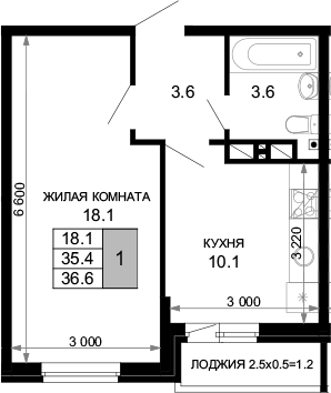 1-комн., 35.4 м², 6/16 этаж, ЖК «Дыхание»