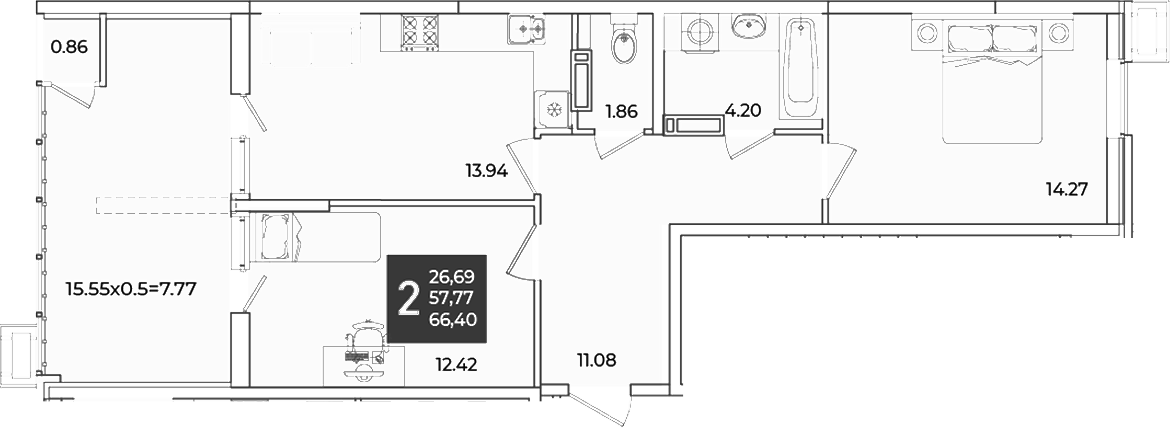 2-комн., 58.63 м², 10/18 этаж, ЖК «Образцово»