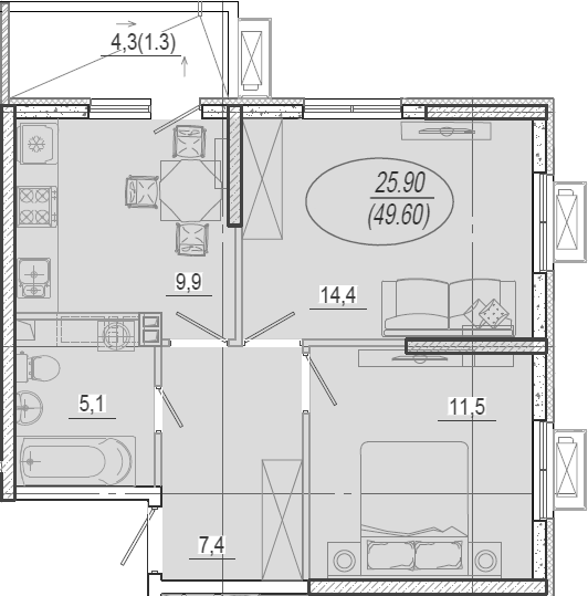 2-комн., 48.3 м², 2/12 этаж, ЖК «Микрорайон Южане»