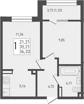 2-комн., 35.21 м², 6/9 этаж, ЖК «Югге»