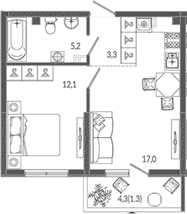 2-комн., 37.6 м², 2/12 этаж, ЖК «Флора»