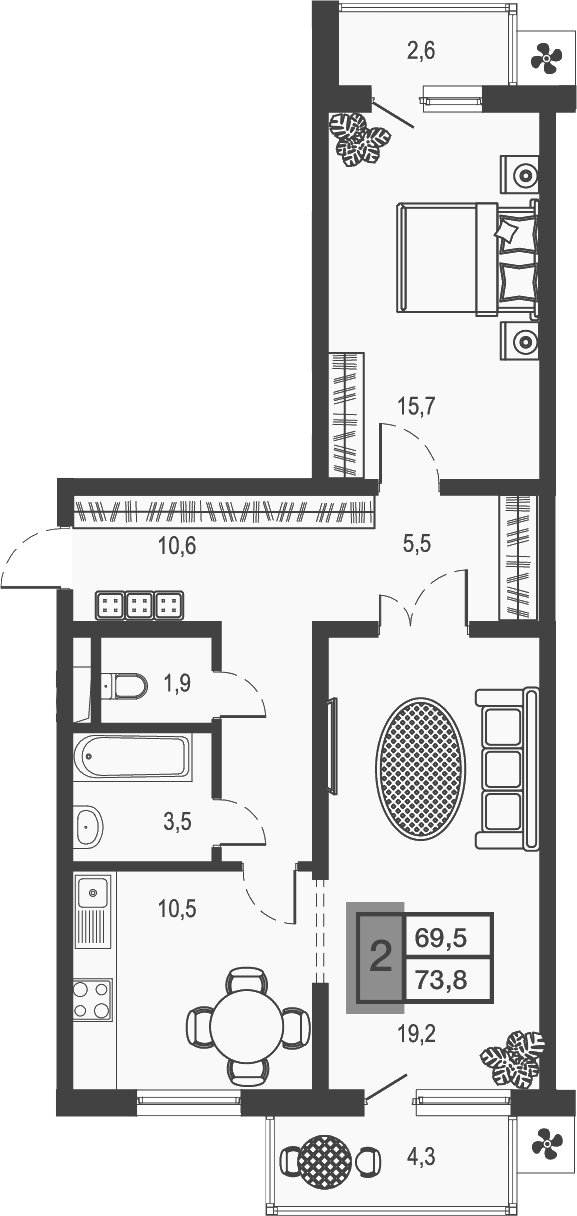 2-комн., 66.91 м², 2/17 этаж, ЖК «Дом у озера»