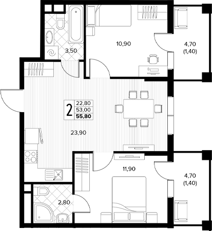 2-комн., 53 м², 7/7 этаж, ЖК «Кипарис»