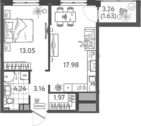 2-комн., 40.4 м², 9/9 этаж, ЖК «Друзья»