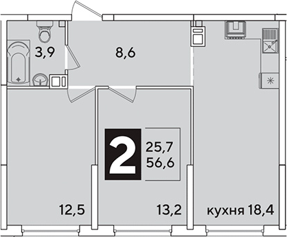 3-комн., 56.6 м², 7/16 этаж, ЖК «Самолет»