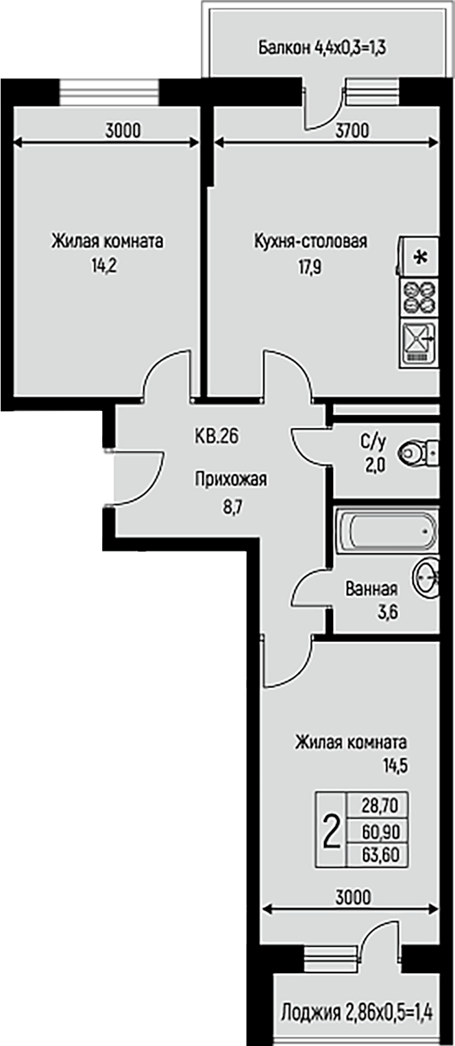 2-комн., 60.9 м², 3/3 этаж, ЖК «Nova Vita»