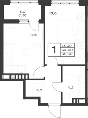 1-комн., 34 м², 4/4 этаж, ЖК «ЭкоСфера. ГК Во-первых»