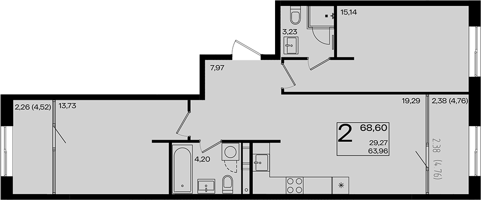 3-комн., 63.96 м², 4/9 этаж, ЖК «Патрики»