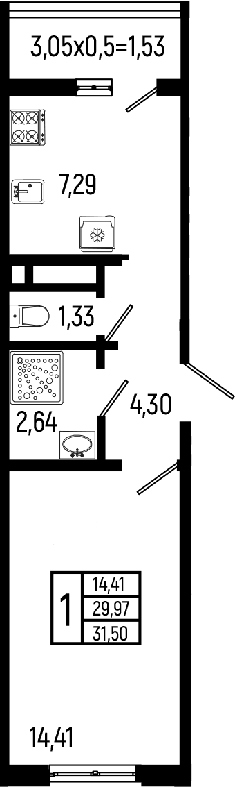 1-комн., 29.97 м², 7/9 этаж, ЖК «Ботаника Хиллс»