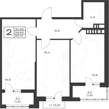 2-комн., 59.6 м², 2/4 этаж, ЖК «ЭкоСфера. ГК Во-первых»