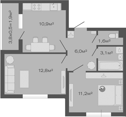2-комн., 45.6 м², 4/4 этаж, ЖК «Дзенпарк»