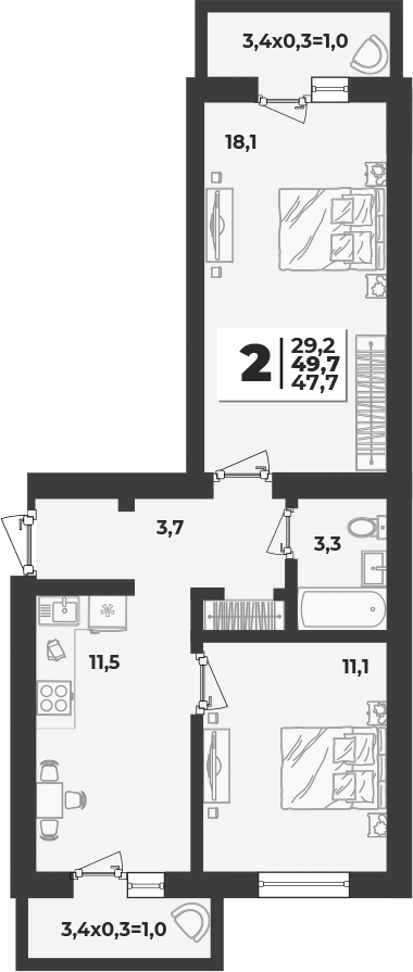 Продается 2-комн. квартира, 47.7 м²