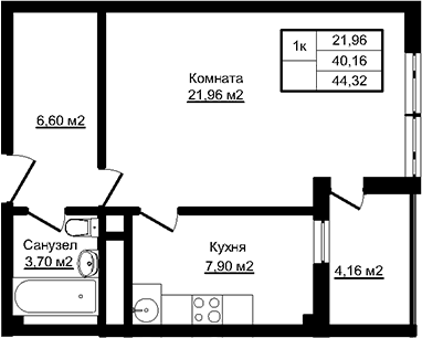 1-комн., 40.16 м², 3/12 этаж, ЖК «Южный парк. СЗ Корона»