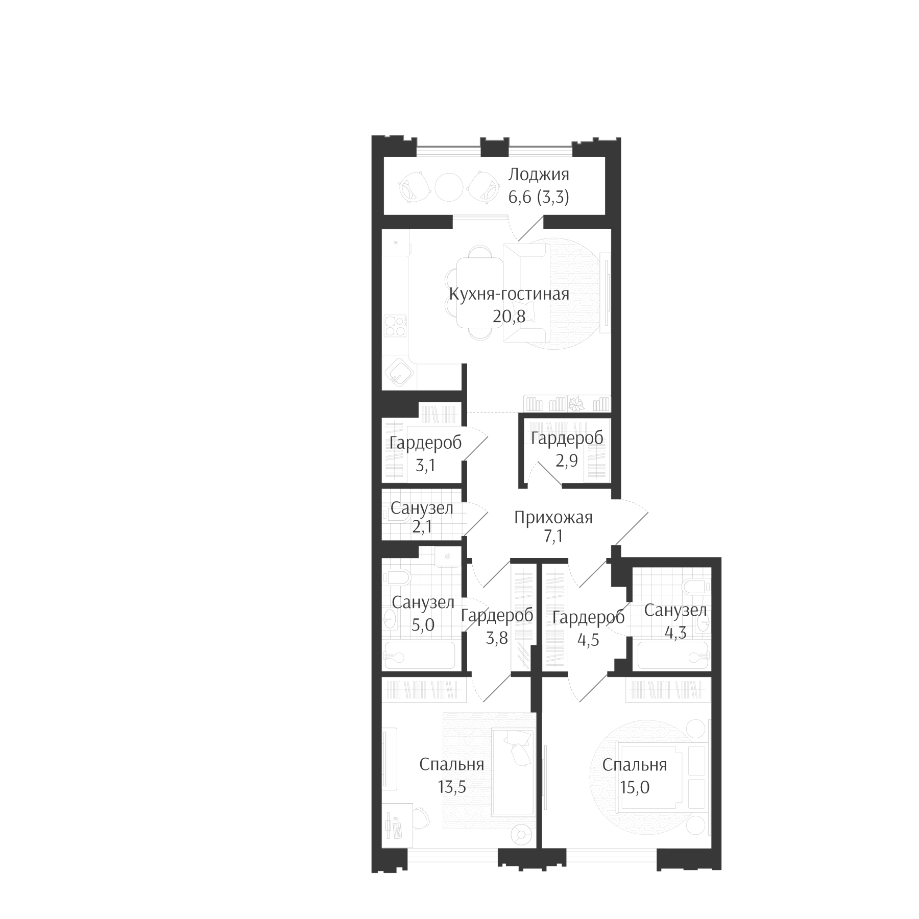 3-комн., 82.1 м², 7/15 этаж, ЖК «Брют Резиденс»
