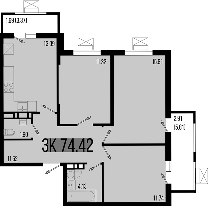 3-комн., 69.82 м², 6/8 этаж, ЖК «Цветной бульвар»