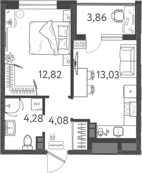 1-комн., 34.21 м², 3/9 этаж, ЖК «Друзья»