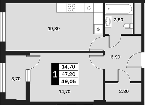 1-комн., 47.2 м², 6/15 этаж, ЖК «Аксис Патриот»