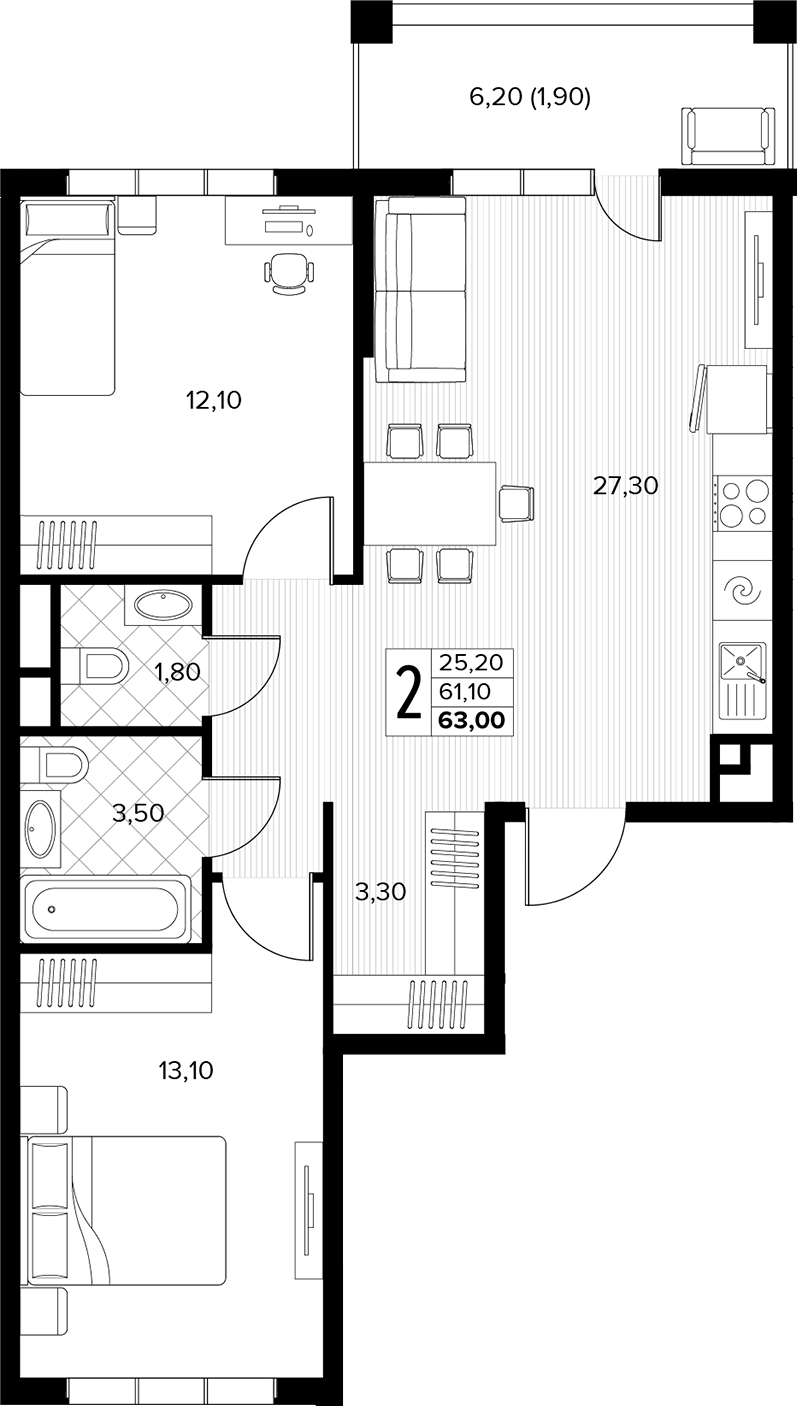 2-комн., 61.1 м², 5/6 этаж, ЖК «Кипарис»