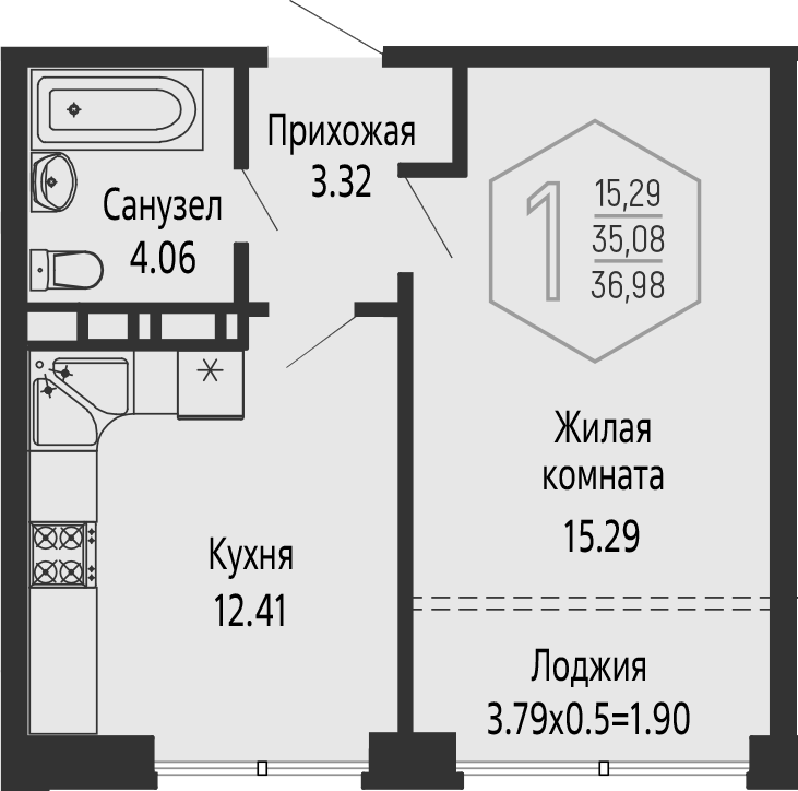 1-комн., 35.08 м², 7/24 этаж, ЖК «Гарантия PRIME»