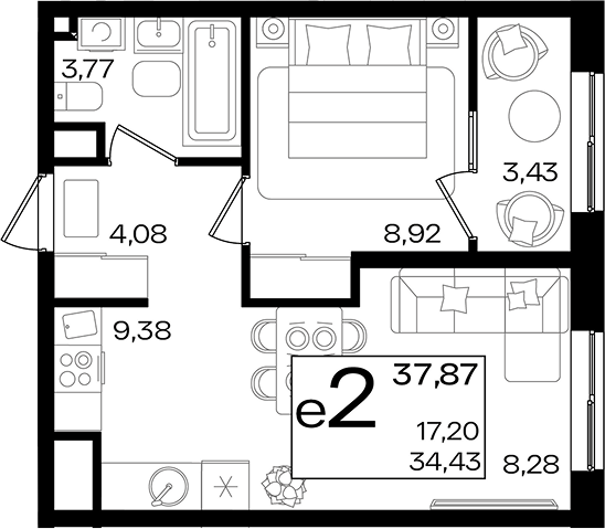 2-комн., 34.44 м², 17/18 этаж, ЖК «Патрики»