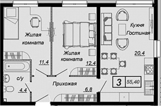2-комн., 55.4 м², 1/16 этаж, ЖК «Чайные Холмы»