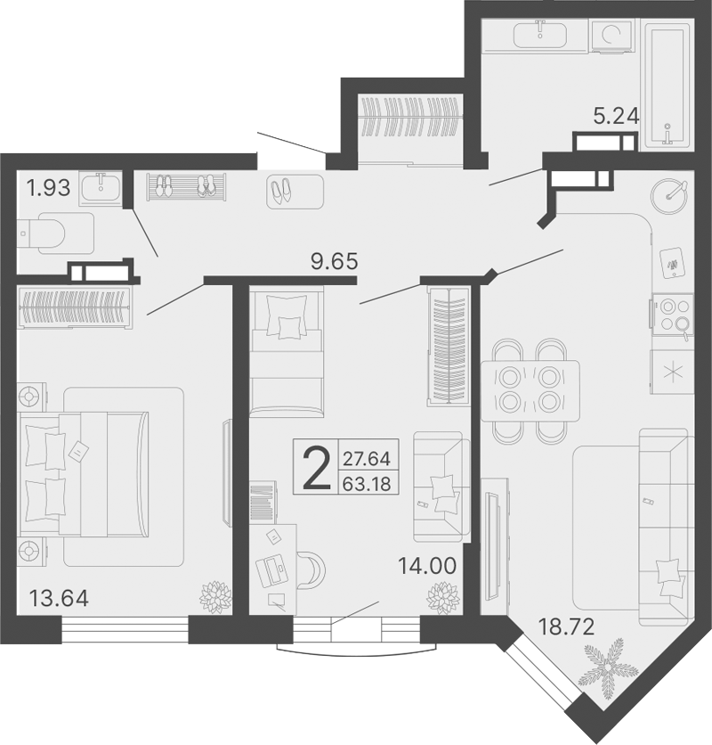 2-комн., 63.18 м², 3/13 этаж, ЖК «Светский лес»