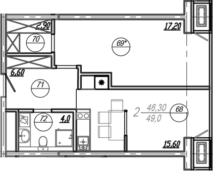 2-комн., 47.6 м², 17/17 этаж, ЖК «АКСИС Центр»
