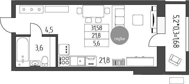 Студия, 29.9 м², 1/5 этаж, ЖК «Лермонтов»