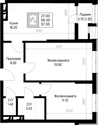 Продается 2-комн. квартира, 56.2 м²
