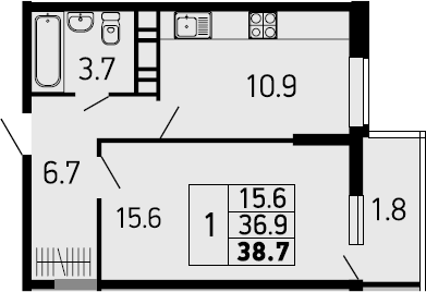 1-комн., 36.9 м², 2/24 этаж, ЖК «Абрикосово»