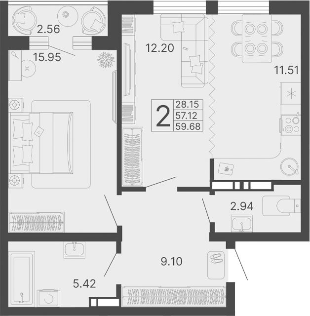 2-комн., 57.12 м², 9/20 этаж, ЖК «Светский лес»