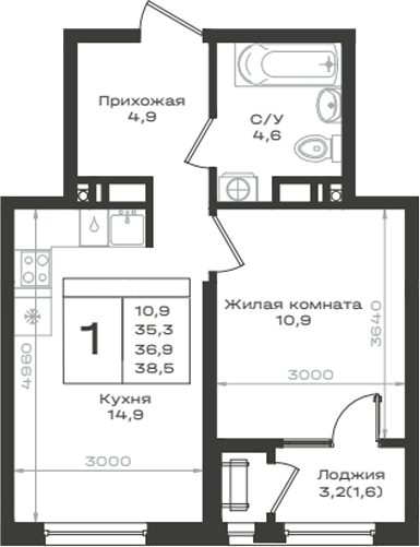 1-комн., 35.3 м², 12/14 этаж, ЖК «Нагория»