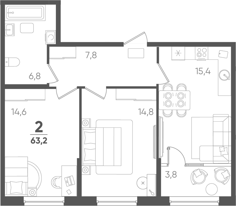 2-комн., 59.4 м², 2/9 этаж, ЖК «Барса»