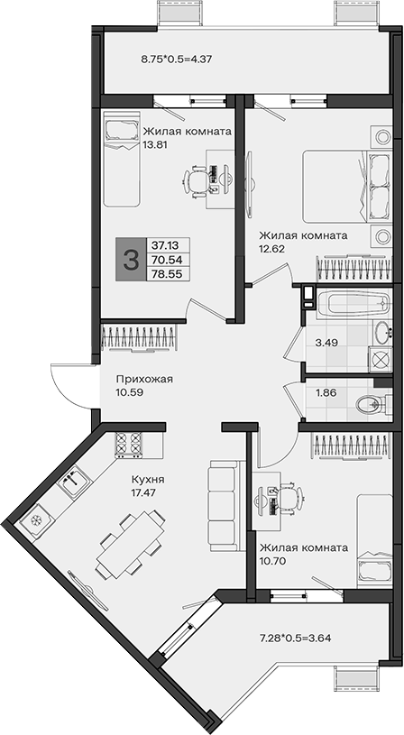 3-комн., 70.54 м², 8/8 этаж, ЖК «МОНО квартал»