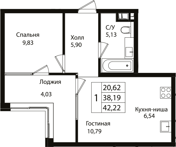2-комн., 38.19 м², 3/9 этаж, ЖК «Патрики»