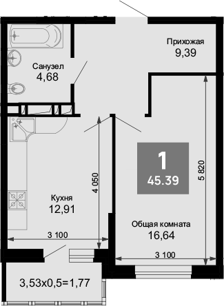 Продается 1-комн. квартира, 43.62 м²
