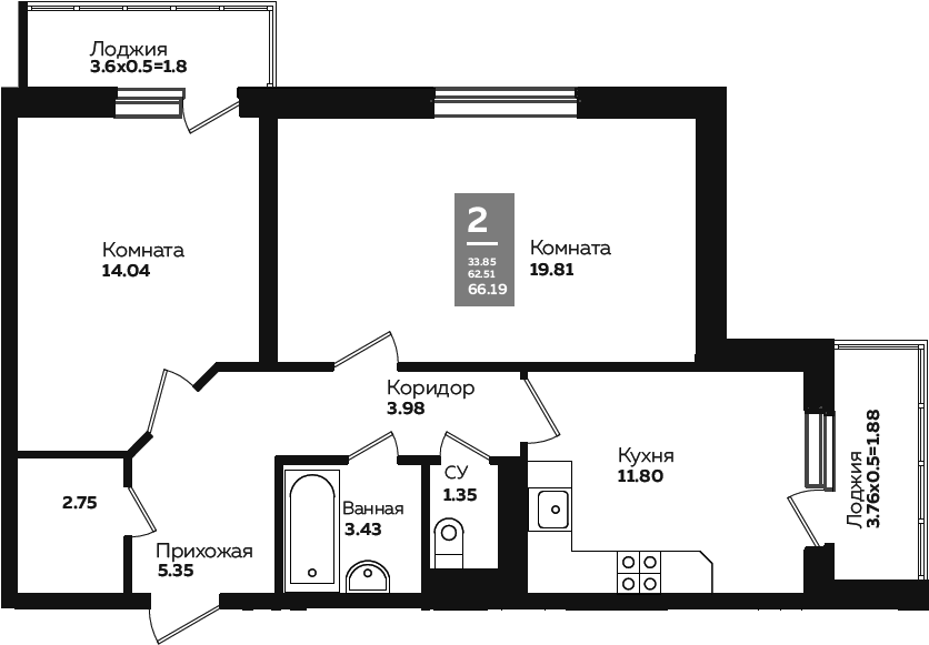 2-комн., 59.42 м², 8/24 этаж, ЖК «Левада»