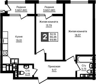 2-комн., 66.26 м², 13/18 этаж, ЖК «Резиденция морей»