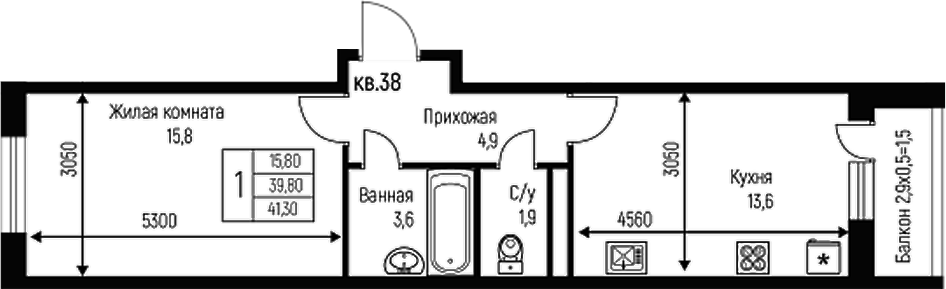 1-комн., 39.8 м², 3/3 этаж, ЖК «Nova Vita»