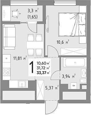 1-комн., 31.72 м², 5/9 этаж, ЖК «Коллекция»