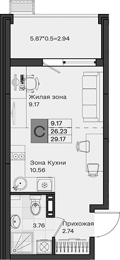 Студия, 26.23 м², 7/8 этаж, ЖК «МОНО квартал»