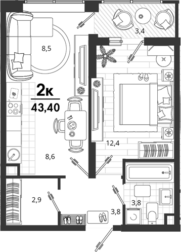 2-комн., 40 м², 18/18 этаж, ЖК «Родные Просторы»