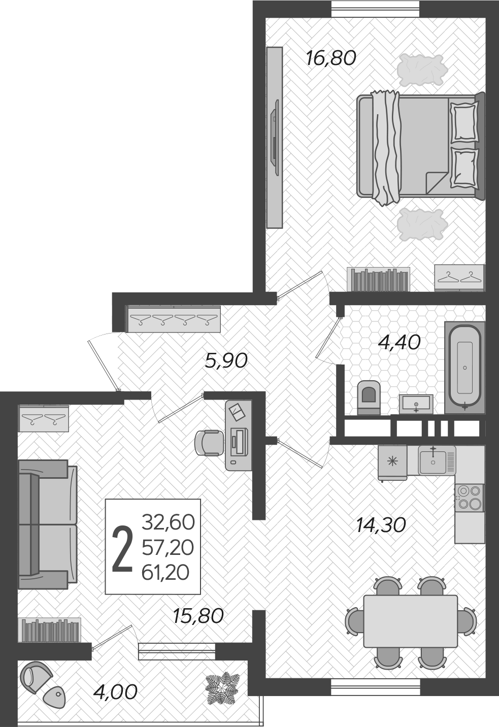 2-комн., 57.2 м², 2/10 этаж, ЖК «Горный квартал»